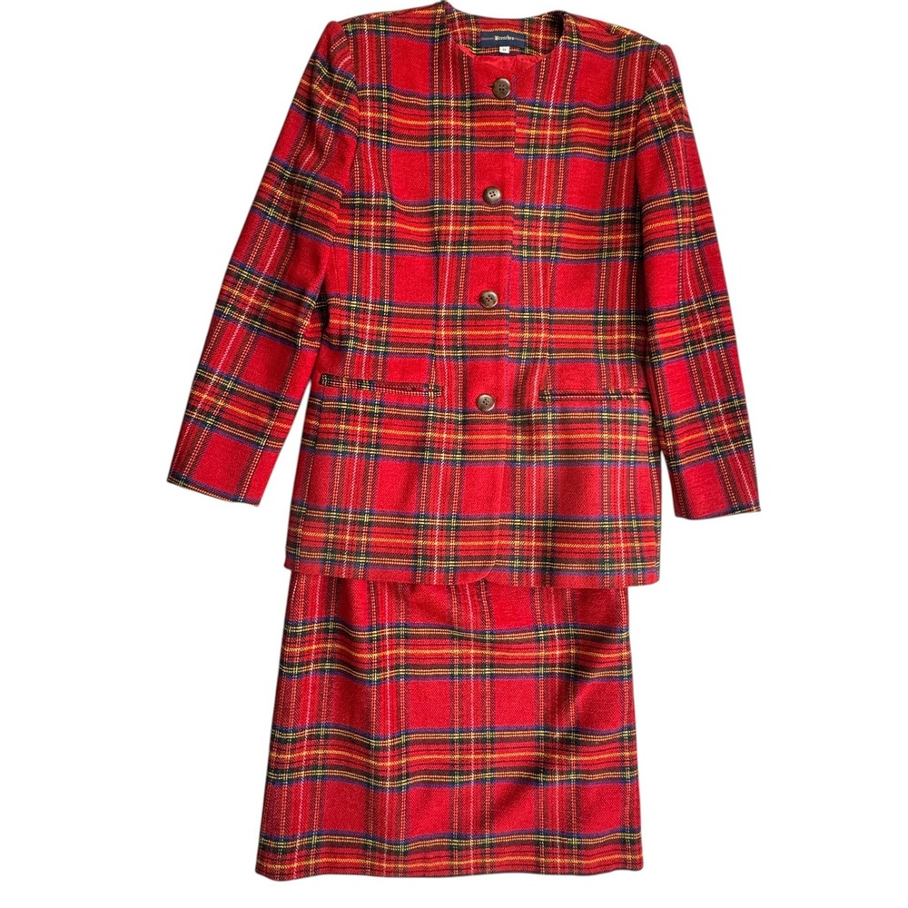 VTG Breeches Red Tartan Plaid Skirt‎ Suit Set Womens 8 Wool Blend Blazer Skirt